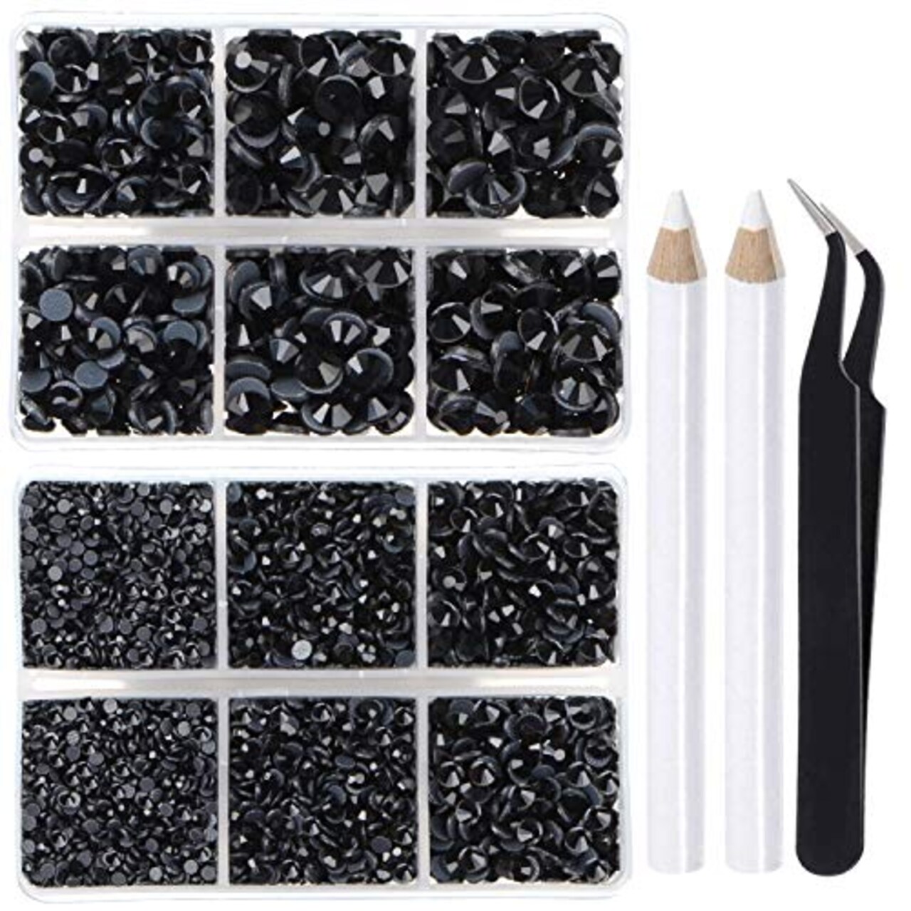 6400 Pieces Hotfix Rhinestones Black Flat Back 5 Mixed Sizes Crystal Round Glass Gems with Tweezers and Picking Rhinestones Pen